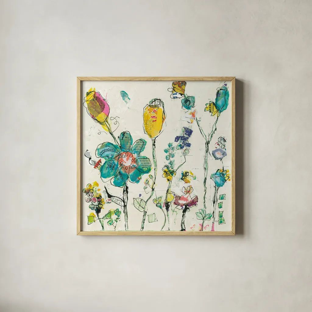 Doodle Garden Cream by Kellie Day. Shown in a natural wood glass frame for a timeless modern aesthetic. Available as an archival giclee rolled canvas, fine art paper, or poster print. SKU 36082a.