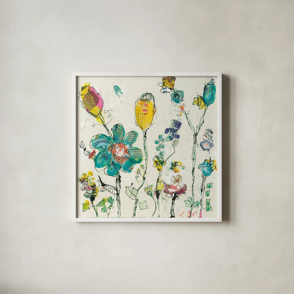 Doodle Garden Cream by Kellie Day. Shown in a crisp white glass frame for a clean and minimalist style. Available as an archival giclee rolled canvas, fine art paper, or poster print. SKU 36082a.