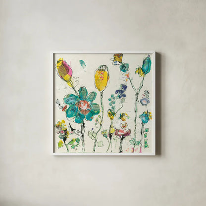 Doodle Garden Cream by Kellie Day. Shown in a crisp white glass frame for a clean and minimalist style. Available as an archival giclee rolled canvas, fine art paper, or poster print. SKU 36082a.