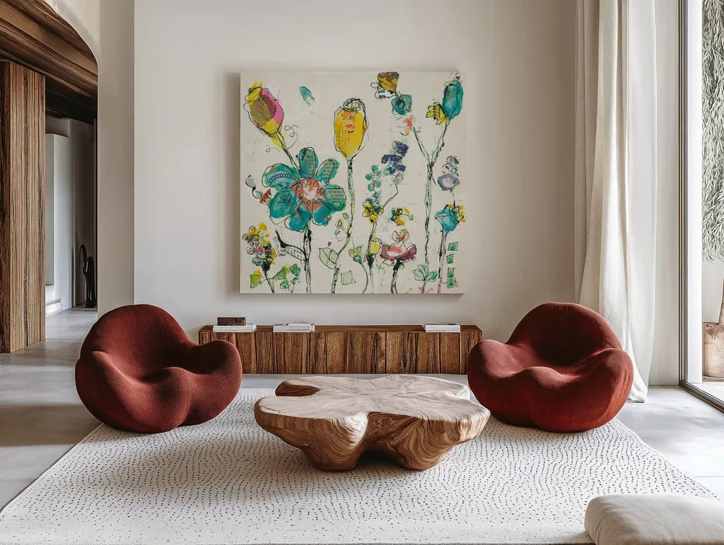 Doodle Garden Cream by Kellie Day. Shown as extra-large giant wall art in a modern living room. Available as an archival giclee rolled canvas, fine art paper, or poster print. SKU 36082a.