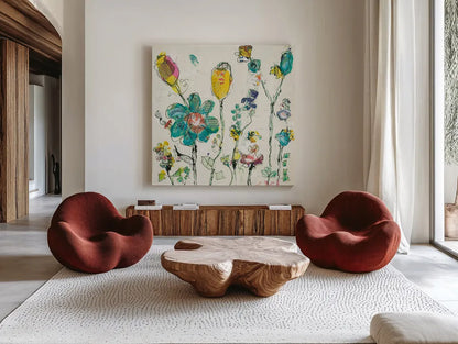 Doodle Garden Cream by Kellie Day. Shown as extra-large giant wall art in a modern living room. Available as an archival giclee rolled canvas, fine art paper, or poster print. SKU 36082a.