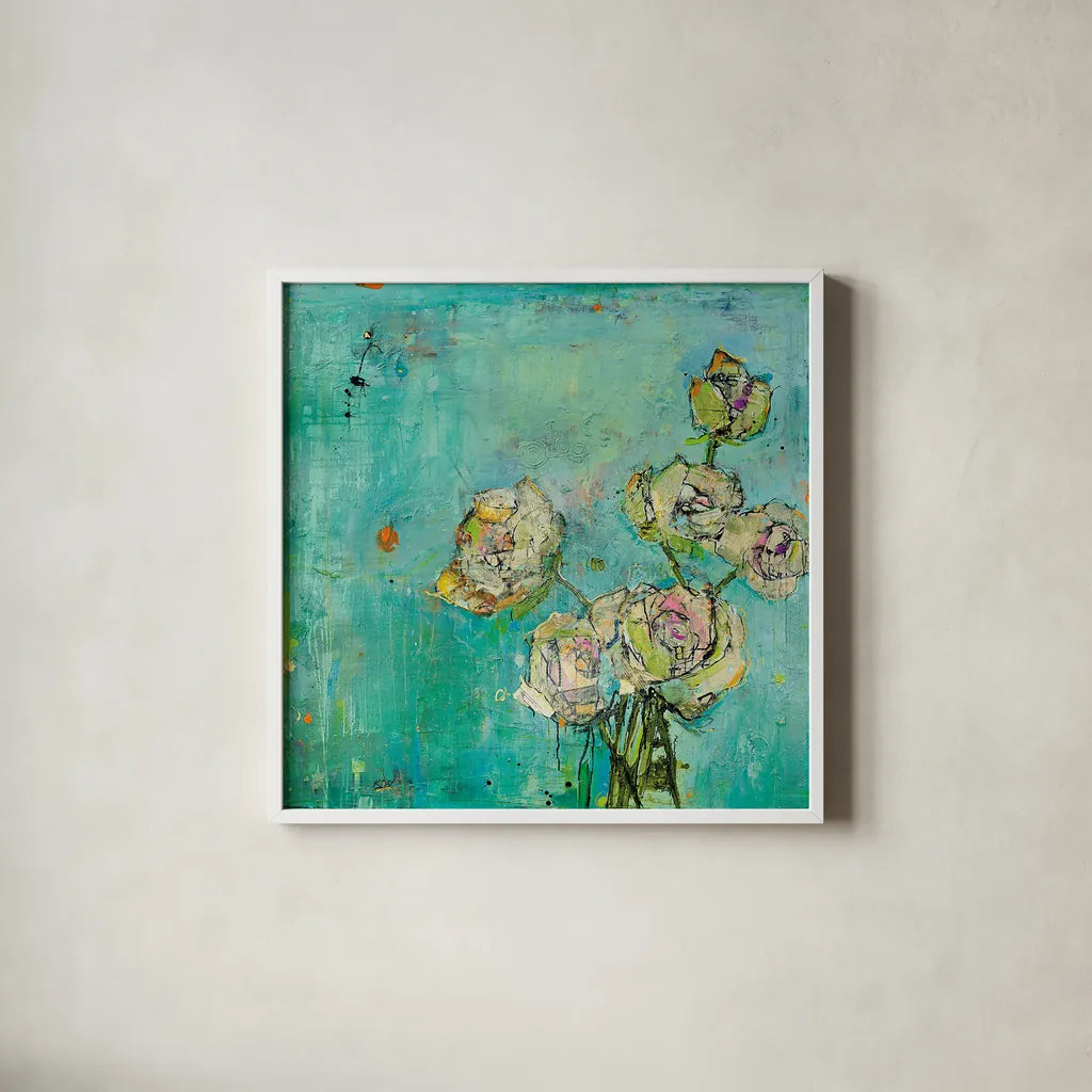 Effulgence by Kellie Day. Shown in a crisp white glass frame for a clean and minimalist style. Available as an archival giclee rolled canvas, fine art paper, or poster print. SKU 21663a.
