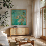 Effulgence by Kellie Day. Shown in a natural wood frame in a cozy modern living room. Available as an archival giclee rolled canvas, fine art paper, or poster print. SKU 21663a.