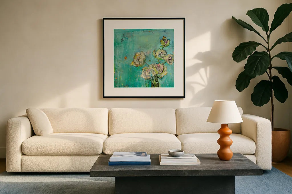 Effulgence by Kellie Day. Displayed in a glass frame with matte in a clean modern living room. Available as an archival giclee rolled canvas, fine art paper, or poster print. SKU 21663a.