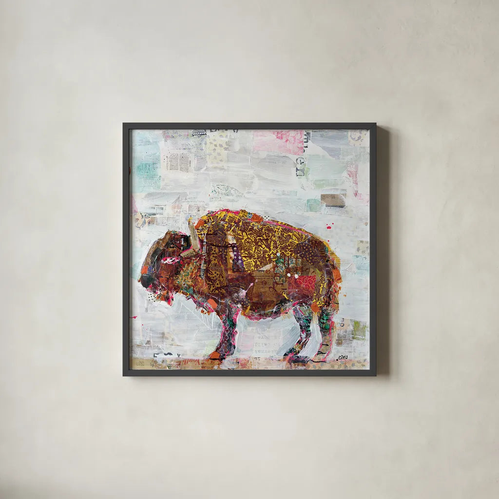 El Buffalo by Kellie Day. Shown in a sleek black glass frame for a contemporary gallery look. Available as an archival giclee rolled canvas, fine art paper, or poster print. SKU 29096a.