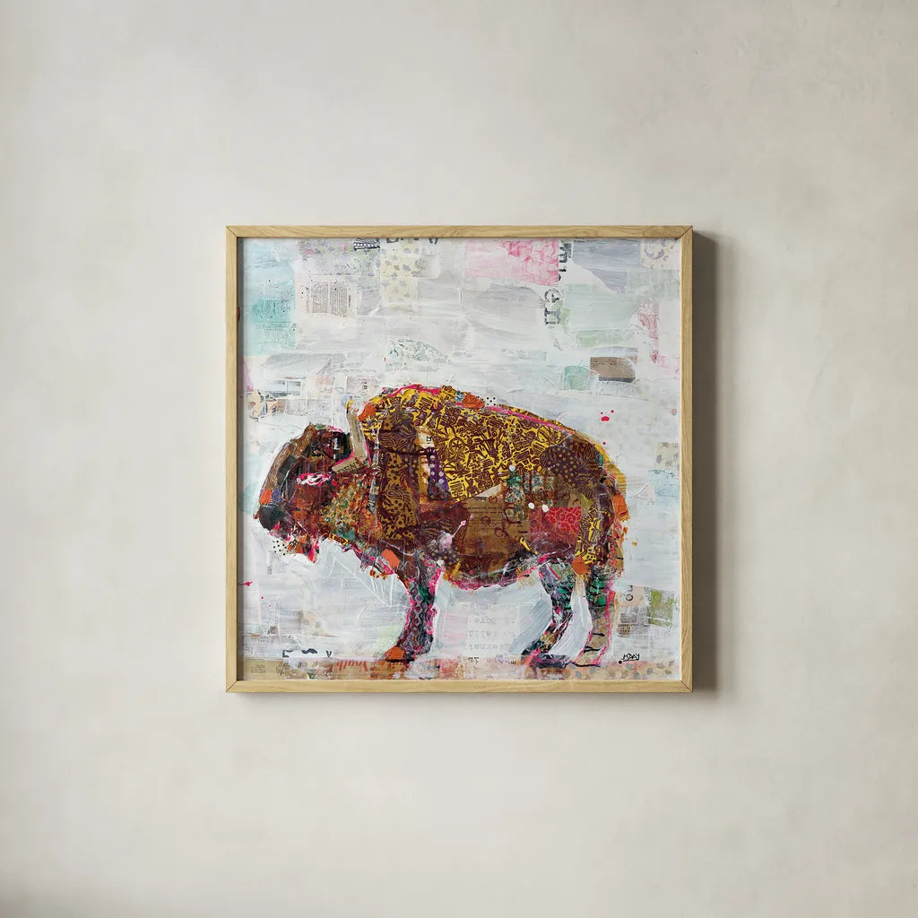 El Buffalo by Kellie Day. Shown in a natural wood glass frame for a timeless modern aesthetic. Available as an archival giclee rolled canvas, fine art paper, or poster print. SKU 29096a.