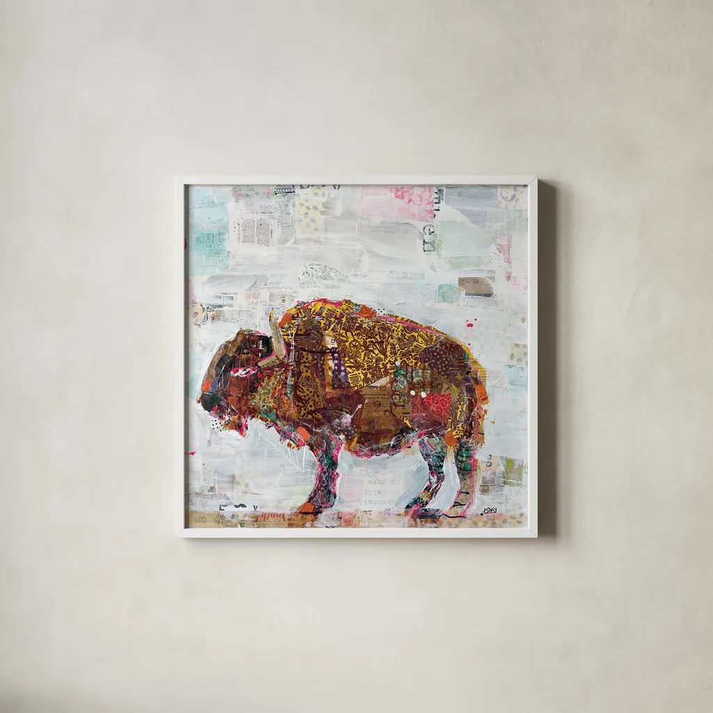 El Buffalo by Kellie Day. Shown in a crisp white glass frame for a clean and minimalist style. Available as an archival giclee rolled canvas, fine art paper, or poster print. SKU 29096a.