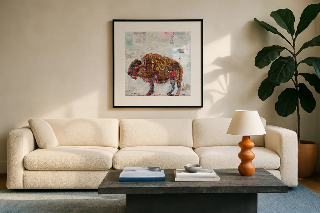 El Buffalo by Kellie Day. Displayed in a glass frame with matte in a clean modern living room. Available as an archival giclee rolled canvas, fine art paper, or poster print. SKU 29096a.