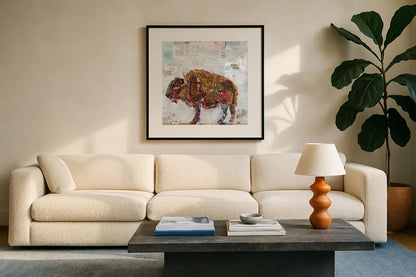 El Buffalo by Kellie Day. Displayed in a glass frame with matte in a clean modern living room. Available as an archival giclee rolled canvas, fine art paper, or poster print. SKU 29096a.