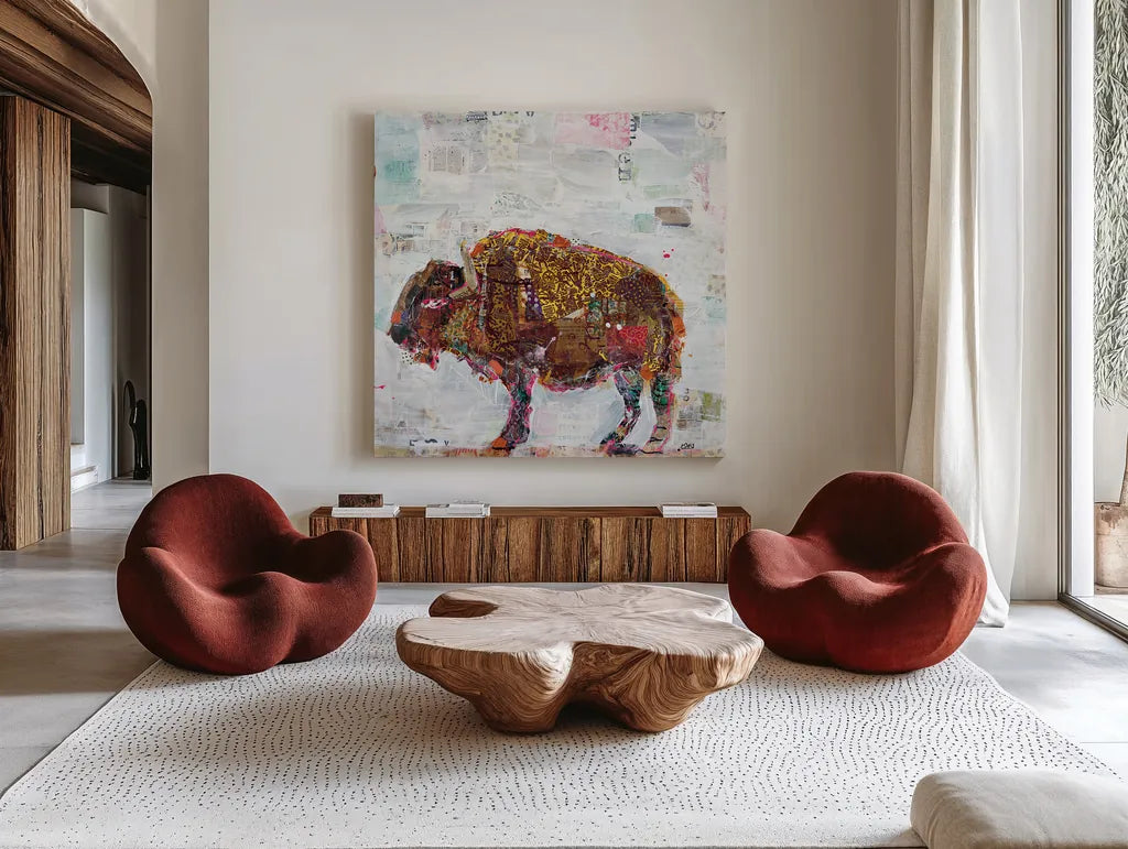 El Buffalo by Kellie Day. Shown as extra-large giant wall art in a modern living room. Available as an archival giclee rolled canvas, fine art paper, or poster print. SKU 29096a.