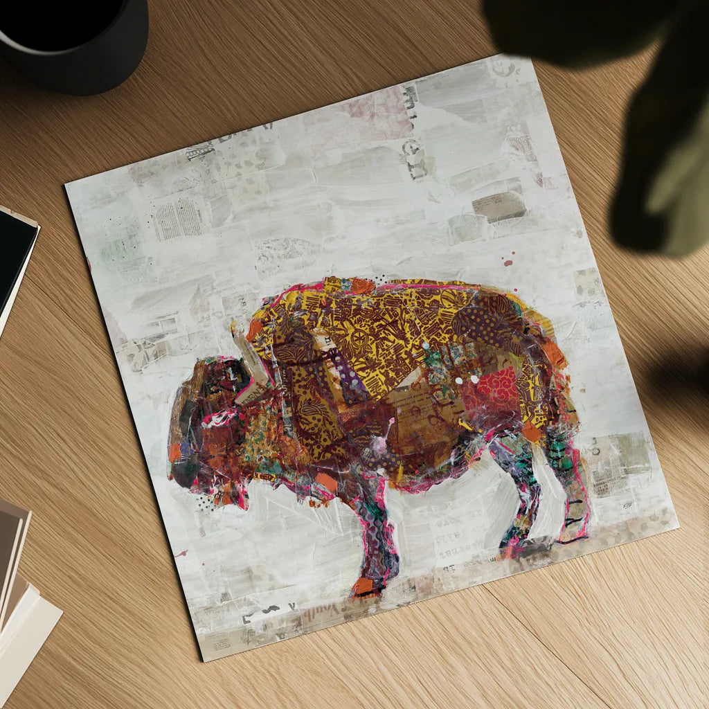 El Buffalo Warm Grey by Kellie Day. Shown as a detailed flat fine art print, highlighting archival giclee quality. Available as an archival giclee rolled canvas, fine art paper, or poster print. SKU 36050a.