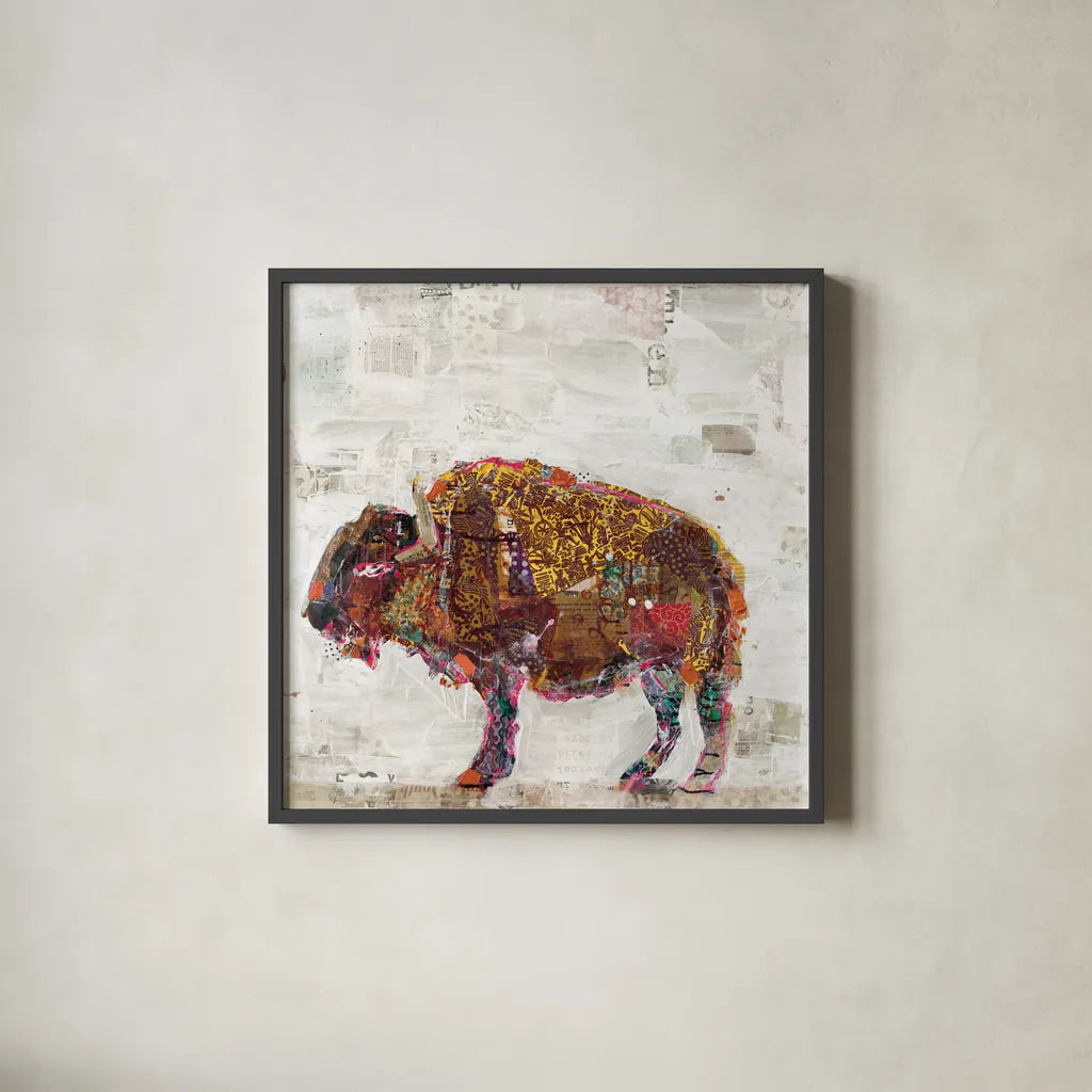 El Buffalo Warm Grey by Kellie Day. Shown in a sleek black glass frame for a contemporary gallery look. Available as an archival giclee rolled canvas, fine art paper, or poster print. SKU 36050a.