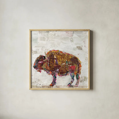 El Buffalo Warm Grey by Kellie Day. Shown in a natural wood glass frame for a timeless modern aesthetic. Available as an archival giclee rolled canvas, fine art paper, or poster print. SKU 36050a.