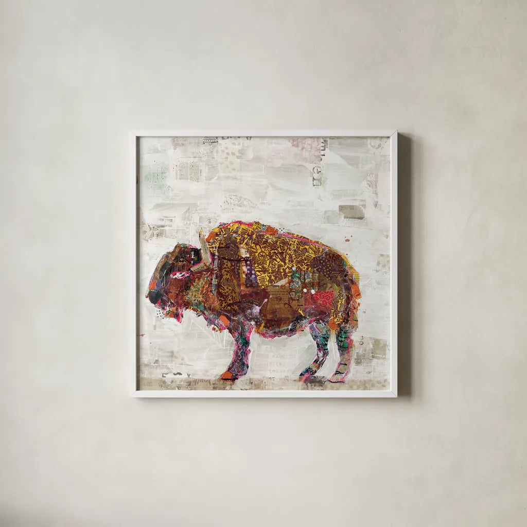 El Buffalo Warm Grey by Kellie Day. Shown in a crisp white glass frame for a clean and minimalist style. Available as an archival giclee rolled canvas, fine art paper, or poster print. SKU 36050a.