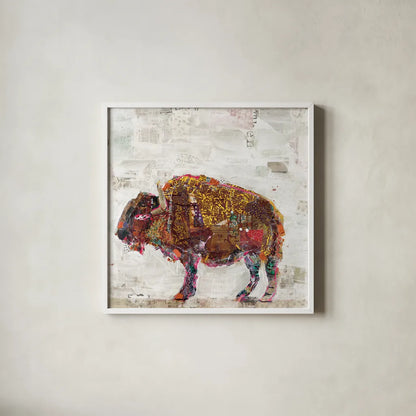 El Buffalo Warm Grey by Kellie Day. Shown in a crisp white glass frame for a clean and minimalist style. Available as an archival giclee rolled canvas, fine art paper, or poster print. SKU 36050a.