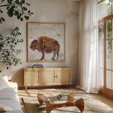 El Buffalo Warm Grey by Kellie Day. Shown in a natural wood frame in a cozy modern living room. Available as an archival giclee rolled canvas, fine art paper, or poster print. SKU 36050a.