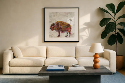 El Buffalo Warm Grey by Kellie Day. Displayed in a glass frame with matte in a clean modern living room. Available as an archival giclee rolled canvas, fine art paper, or poster print. SKU 36050a.