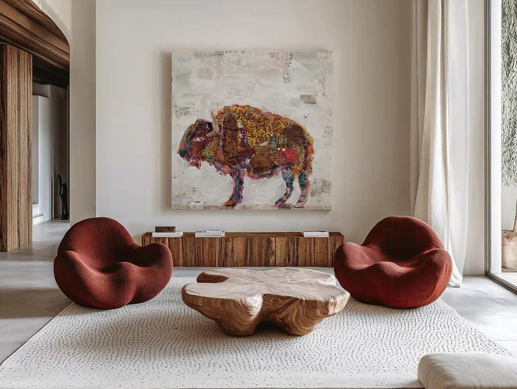 El Buffalo Warm Grey by Kellie Day. Shown as extra-large giant wall art in a modern living room. Available as an archival giclee rolled canvas, fine art paper, or poster print. SKU 36050a.