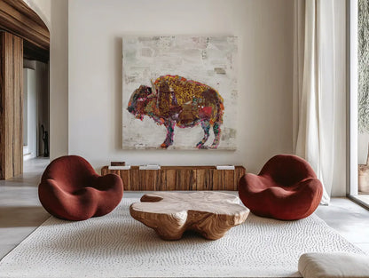 El Buffalo Warm Grey by Kellie Day. Shown as extra-large giant wall art in a modern living room. Available as an archival giclee rolled canvas, fine art paper, or poster print. SKU 36050a.