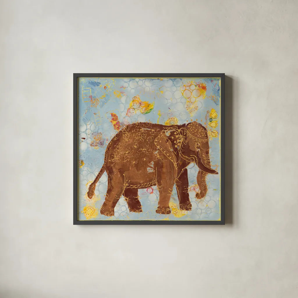 Elephant by Kellie Day. Shown in a sleek black glass frame for a contemporary gallery look. Available as an archival giclee rolled canvas, fine art paper, or poster print. SKU 39677a.