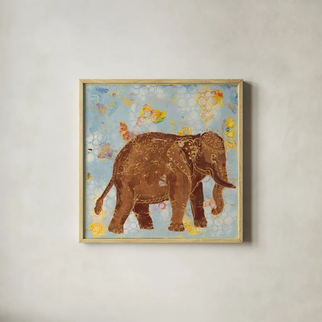 Elephant by Kellie Day. Shown in a natural wood glass frame for a timeless modern aesthetic. Available as an archival giclee rolled canvas, fine art paper, or poster print. SKU 39677a.