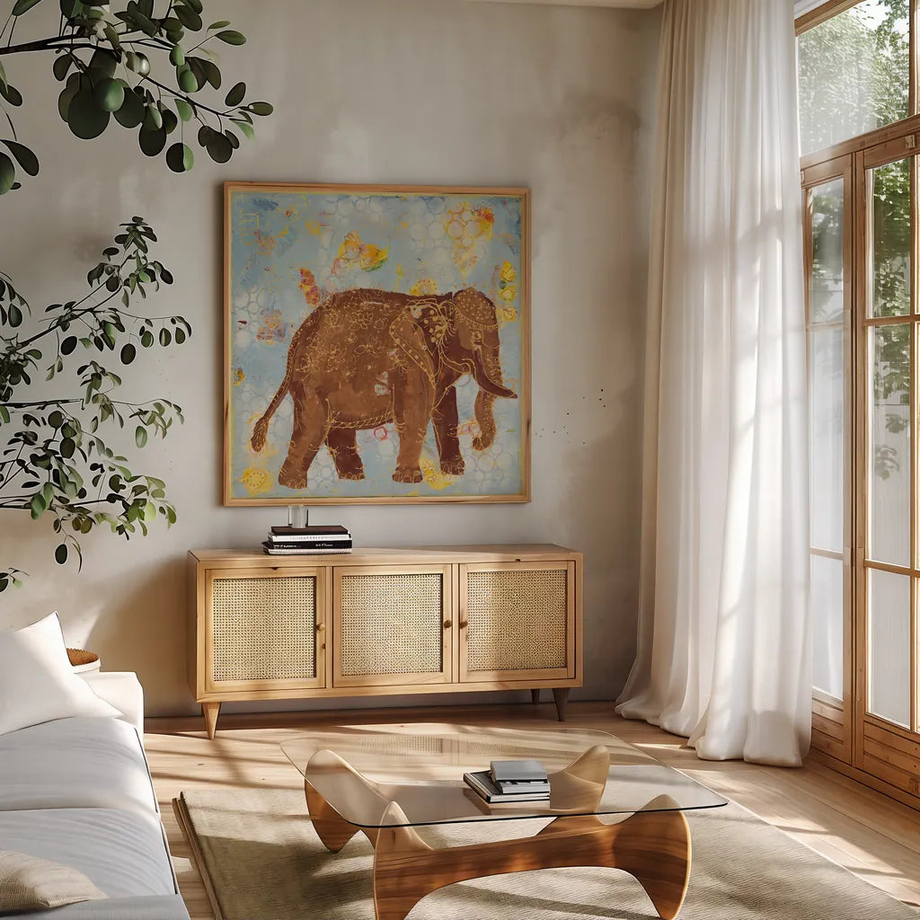 Elephant by Kellie Day. Shown in a natural wood frame in a cozy modern living room. Available as an archival giclee rolled canvas, fine art paper, or poster print. SKU 39677a.