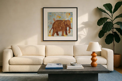 Elephant by Kellie Day. Displayed in a glass frame with matte in a clean modern living room. Available as an archival giclee rolled canvas, fine art paper, or poster print. SKU 39677a.