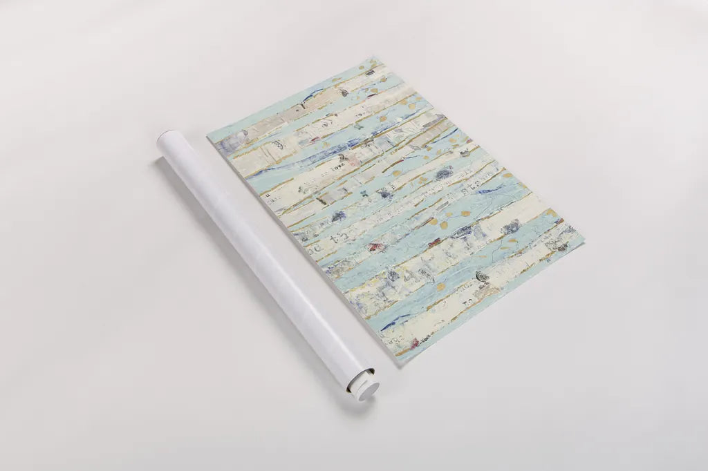 Far From Blue III Gold Leaves by Kellie Day. shown as a rolled paper print. Available as archival giclee rolled canvas, fine art paper, or poster print. SKU 24848i.