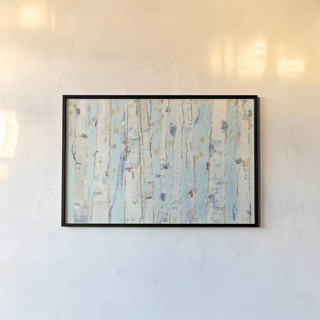 Far From Blue III Gold Leaves by Kellie Day. shown as a paper print in a black flame. Available as a archival giclee rolled canvas, fine art paper, or poster print. SKU 24848i.