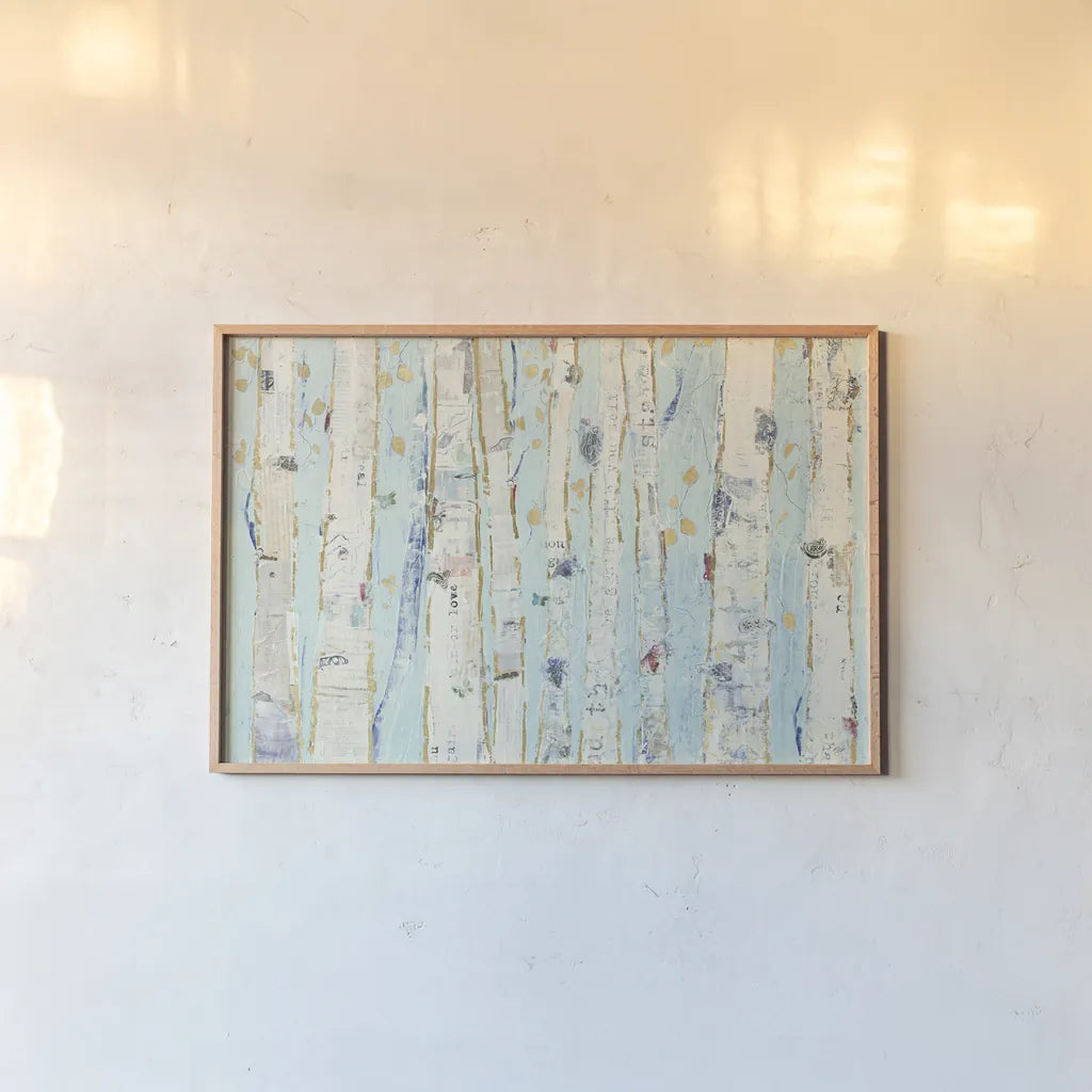 Far From Blue III Gold Leaves by Kellie Day. shown as a paper print in a natural frame. Available as a archival giclee rolled canvas, fine art paper, or poster print. SKU 24848i.