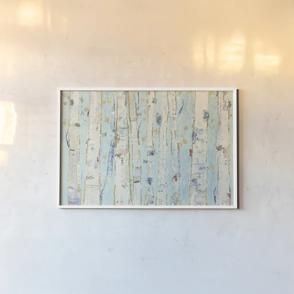 Far From Blue III Gold Leaves by Kellie Day. shown as a paper print in a white frame. Available as a archival giclee rolled canvas, fine art paper, or poster print. SKU 24848i.