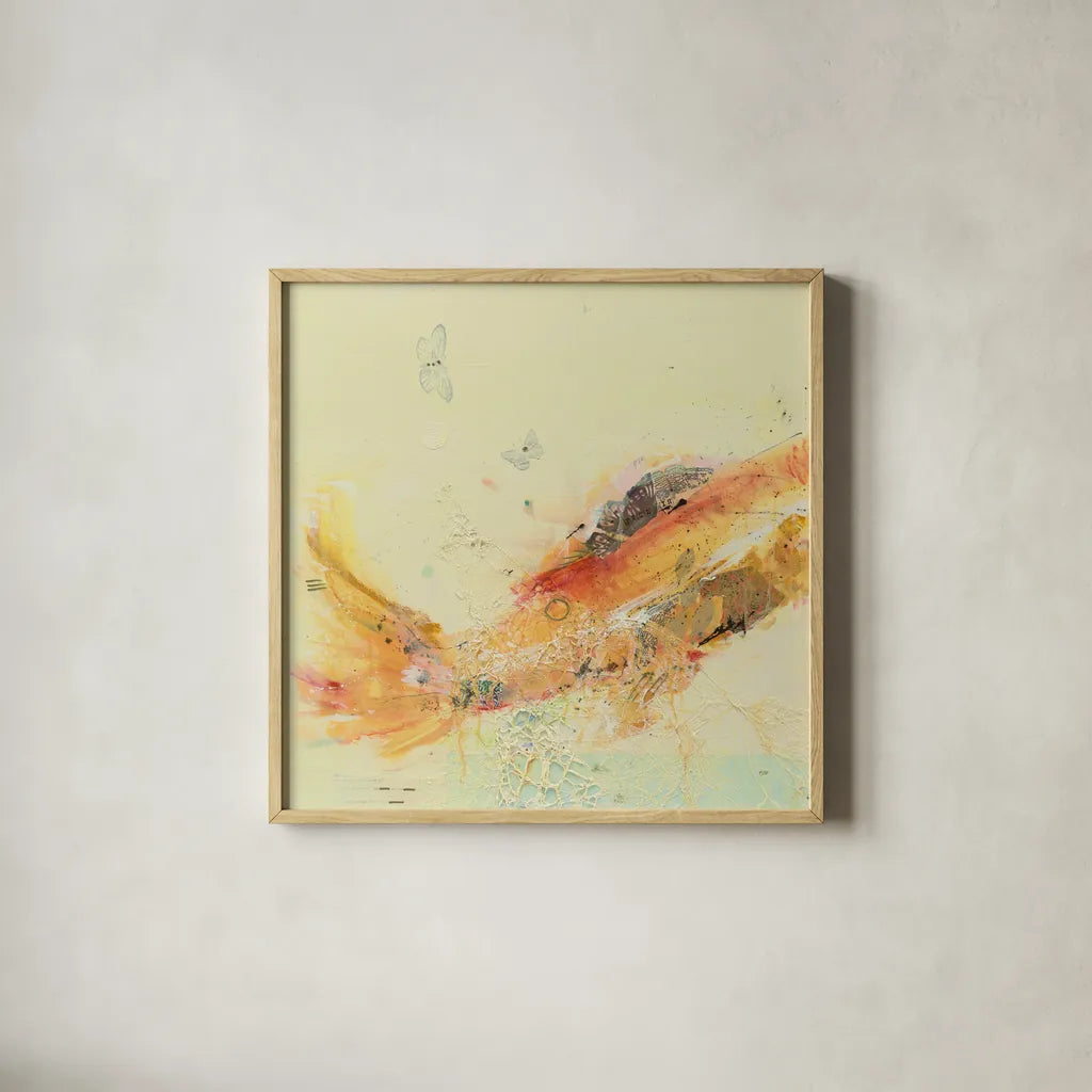Fish in the Sea I by Kellie Day. Shown in a natural wood glass frame for a timeless modern aesthetic. Available as an archival giclee rolled canvas, fine art paper, or poster print. SKU 21130a.