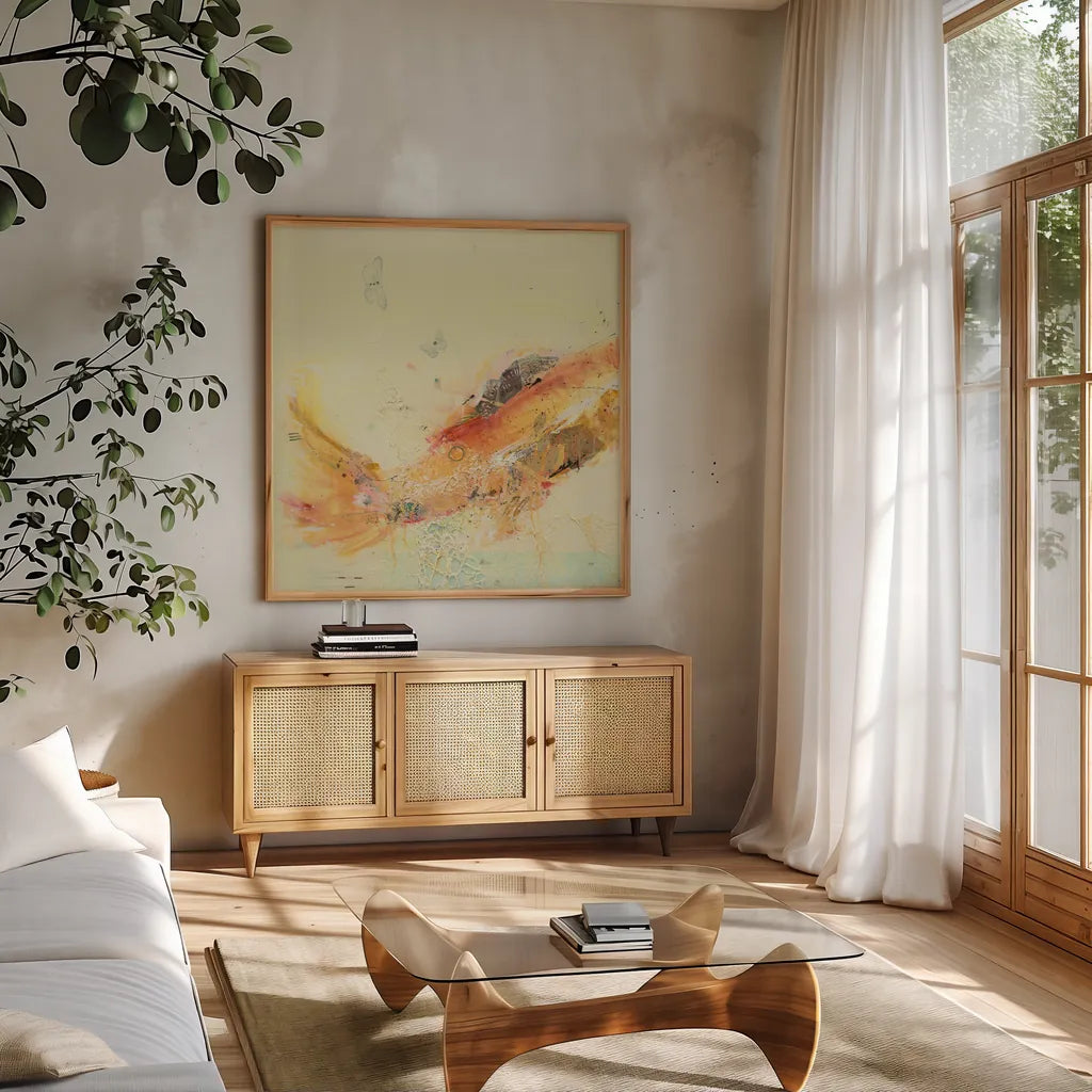 Fish in the Sea I by Kellie Day. Shown in a natural wood frame in a cozy modern living room. Available as an archival giclee rolled canvas, fine art paper, or poster print. SKU 21130a.