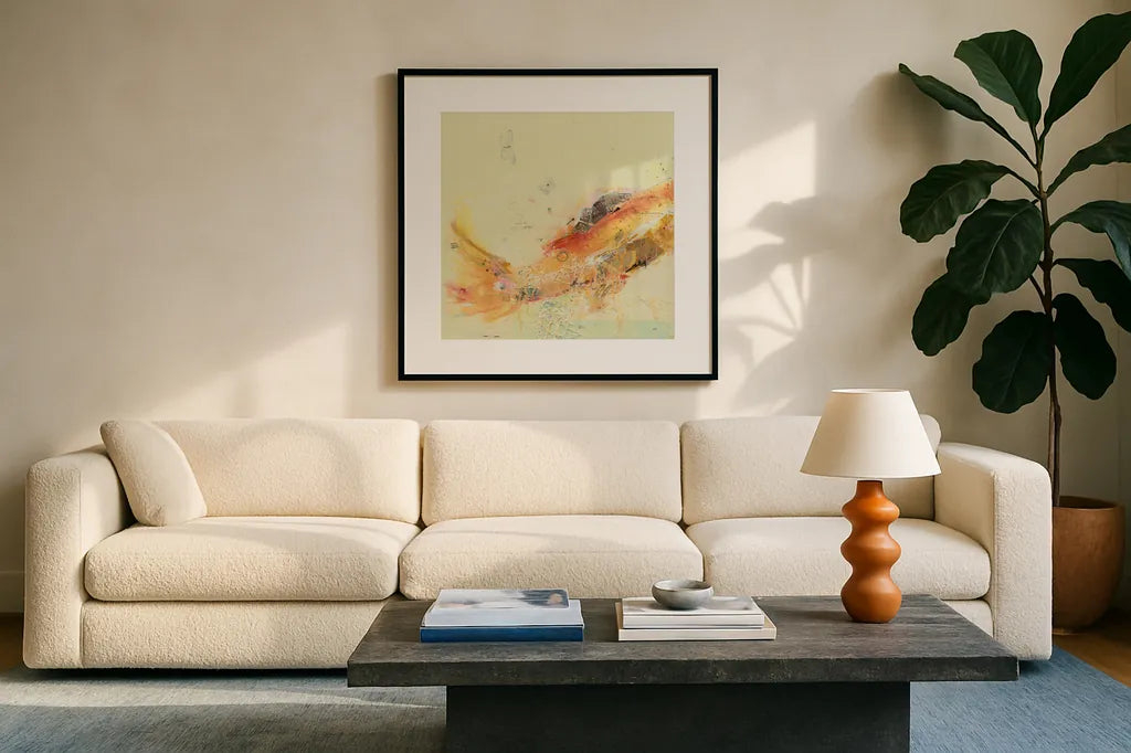Fish in the Sea I by Kellie Day. Displayed in a glass frame with matte in a clean modern living room. Available as an archival giclee rolled canvas, fine art paper, or poster print. SKU 21130a.
