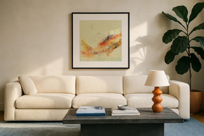Fish in the Sea I by Kellie Day. Displayed in a glass frame with matte in a clean modern living room. Available as an archival giclee rolled canvas, fine art paper, or poster print. SKU 21130a.