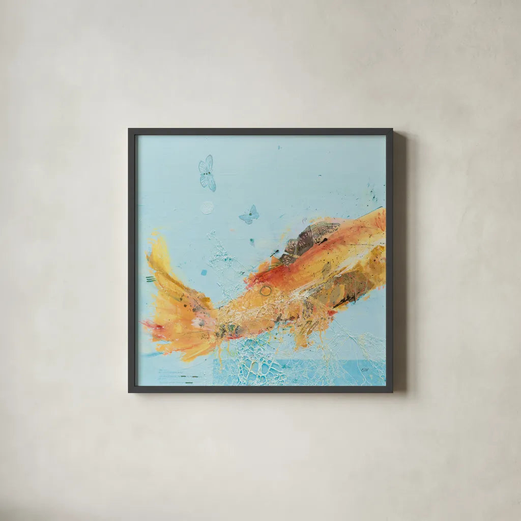 Fish in the Sea I Aqua by Kellie Day. Shown in a sleek black glass frame for a contemporary gallery look. Available as an archival giclee rolled canvas, fine art paper, or poster print. SKU 36057a.