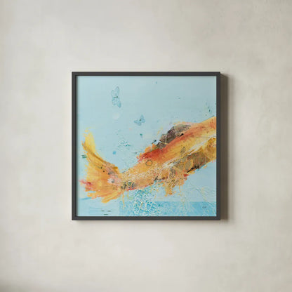 Fish in the Sea I Aqua by Kellie Day. Shown in a sleek black glass frame for a contemporary gallery look. Available as an archival giclee rolled canvas, fine art paper, or poster print. SKU 36057a.