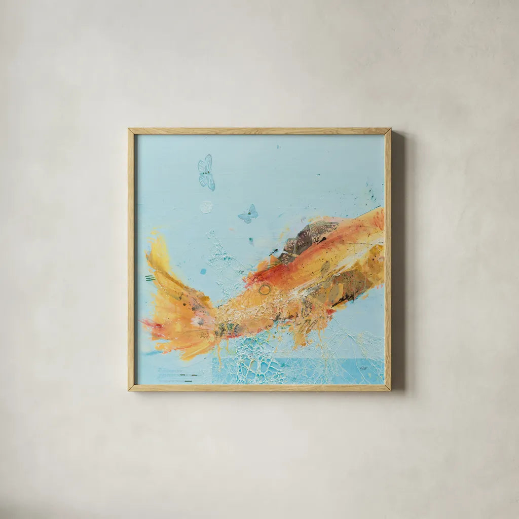 Fish in the Sea I Aqua by Kellie Day. Shown in a natural wood glass frame for a timeless modern aesthetic. Available as an archival giclee rolled canvas, fine art paper, or poster print. SKU 36057a.