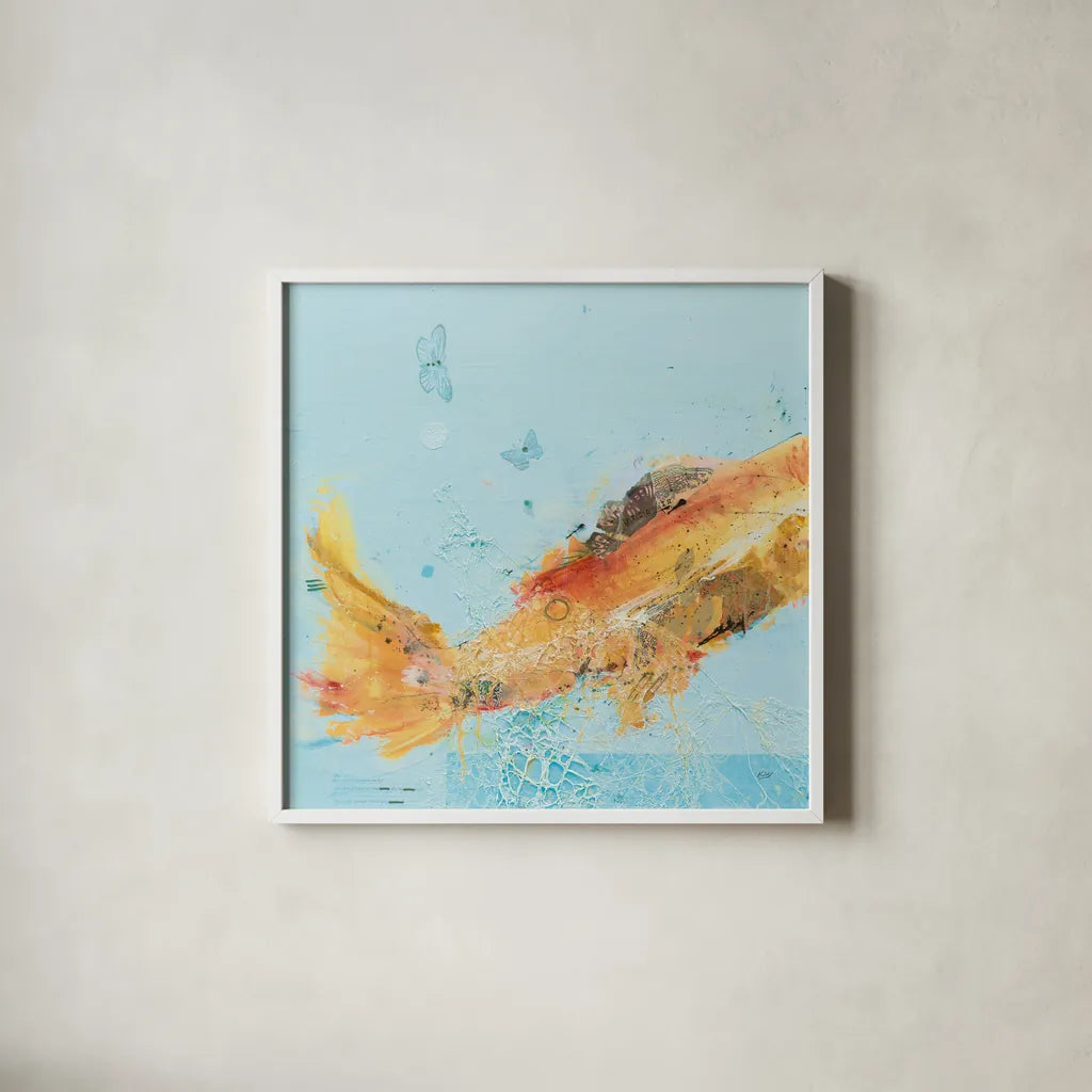 Fish in the Sea I Aqua by Kellie Day. Shown in a crisp white glass frame for a clean and minimalist style. Available as an archival giclee rolled canvas, fine art paper, or poster print. SKU 36057a.