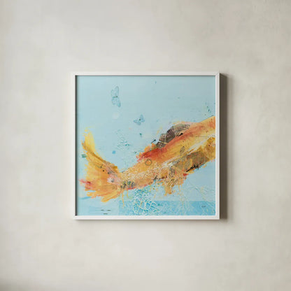 Fish in the Sea I Aqua by Kellie Day. Shown in a crisp white glass frame for a clean and minimalist style. Available as an archival giclee rolled canvas, fine art paper, or poster print. SKU 36057a.