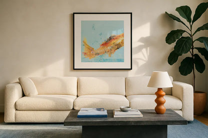 Fish in the Sea I Aqua by Kellie Day. Displayed in a glass frame with matte in a clean modern living room. Available as an archival giclee rolled canvas, fine art paper, or poster print. SKU 36057a.