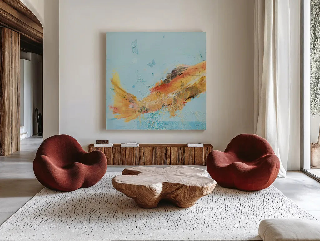 Fish in the Sea I Aqua by Kellie Day. Shown as extra-large giant wall art in a modern living room. Available as an archival giclee rolled canvas, fine art paper, or poster print. SKU 36057a.
