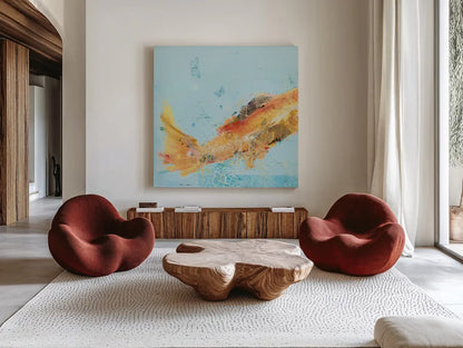 Fish in the Sea I Aqua by Kellie Day. Shown as extra-large giant wall art in a modern living room. Available as an archival giclee rolled canvas, fine art paper, or poster print. SKU 36057a.