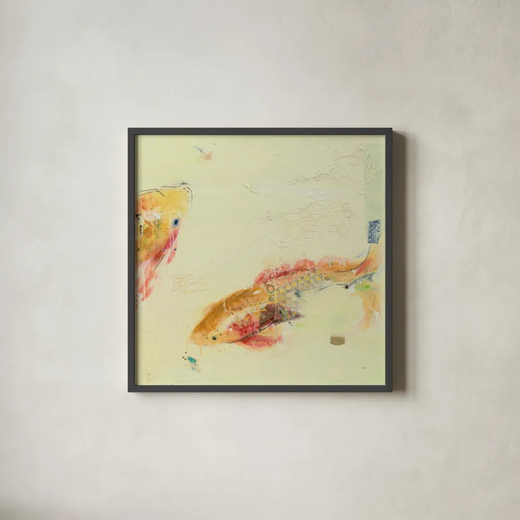 Fish in the Sea II by Kellie Day. Shown in a sleek black glass frame for a contemporary gallery look. Available as an archival giclee rolled canvas, fine art paper, or poster print. SKU 21131a.