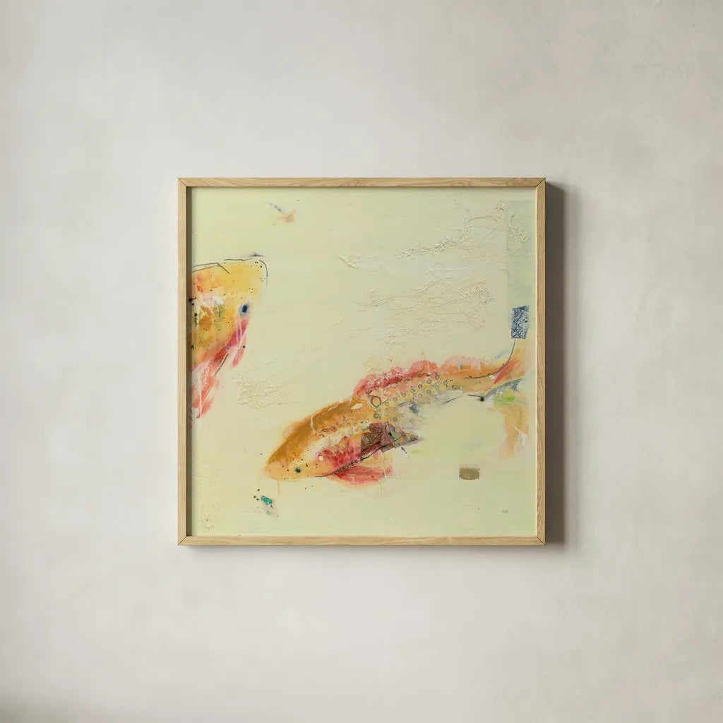 Fish in the Sea II by Kellie Day. Shown in a natural wood glass frame for a timeless modern aesthetic. Available as an archival giclee rolled canvas, fine art paper, or poster print. SKU 21131a.