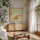 Fish in the Sea II by Kellie Day. Shown in a natural wood frame in a cozy modern living room. Available as an archival giclee rolled canvas, fine art paper, or poster print. SKU 21131a.