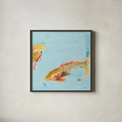 Fish in the Sea II Aqua by Kellie Day. Shown in a sleek black glass frame for a contemporary gallery look. Available as an archival giclee rolled canvas, fine art paper, or poster print. SKU 36058a.