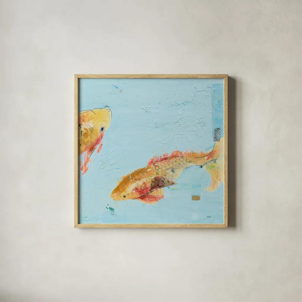 Fish in the Sea II Aqua by Kellie Day. Shown in a natural wood glass frame for a timeless modern aesthetic. Available as an archival giclee rolled canvas, fine art paper, or poster print. SKU 36058a.