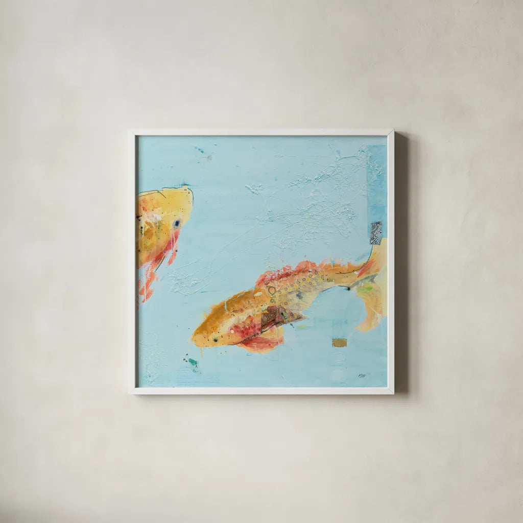 Fish in the Sea II Aqua by Kellie Day. Shown in a crisp white glass frame for a clean and minimalist style. Available as an archival giclee rolled canvas, fine art paper, or poster print. SKU 36058a.