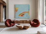 Fish in the Sea II Aqua by Kellie Day. Shown as extra-large giant wall art in a modern living room. Available as an archival giclee rolled canvas, fine art paper, or poster print. SKU 36058a.